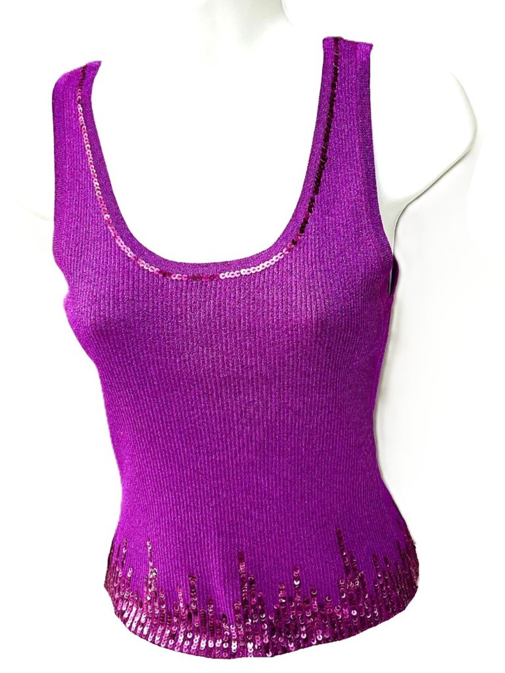 Bernardo Purple Silk Metallic Sequin Trim Knit Tank Top Size M China